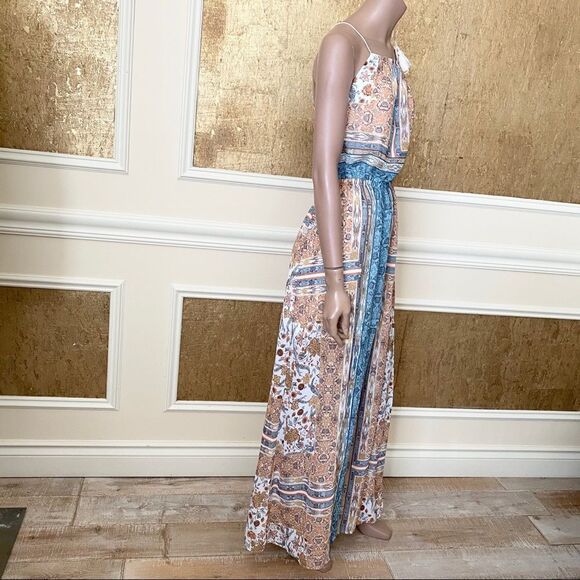 Zara boho tan blue print chiffon maxi dress Size S - Picture 4 of 15